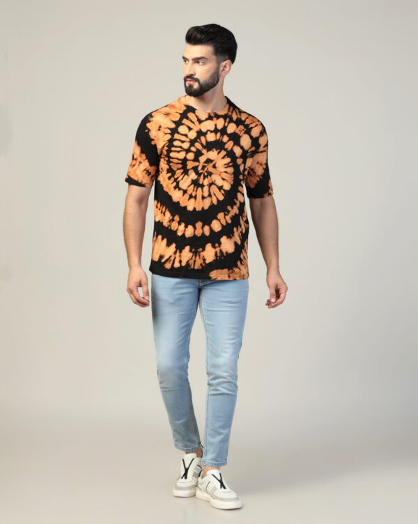 Black Beige Off Shoulder Spiral Pattern T- Shirt for Men By Dei Lusso - Image 4