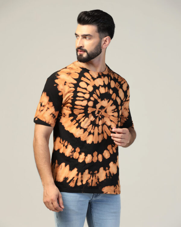 Black Beige Off Shoulder Spiral Pattern T- Shirt for Men By Dei Lusso - Image 2