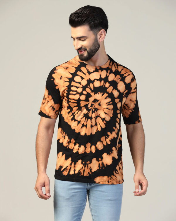 Black Beige Off Shoulder Spiral Pattern T- Shirt for Men By Dei Lusso - Image 3