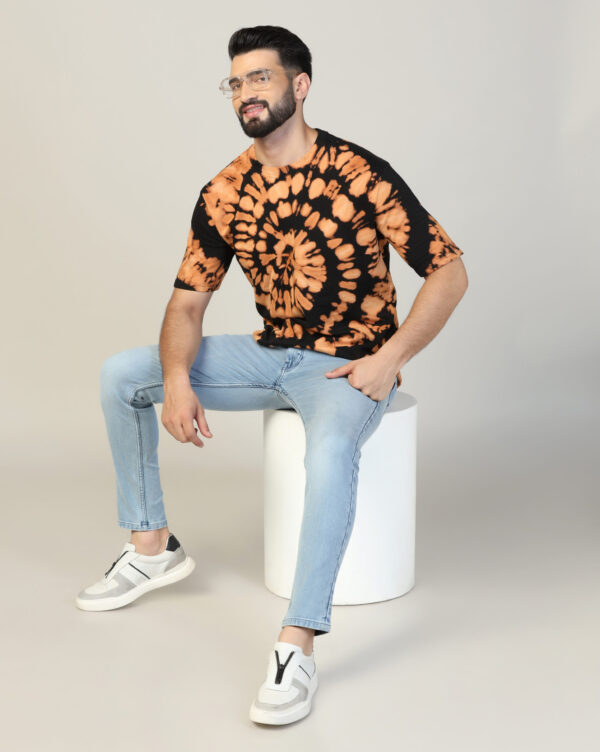 Black Beige Off Shoulder Spiral Pattern T- Shirt for Men By Dei Lusso - Image 7