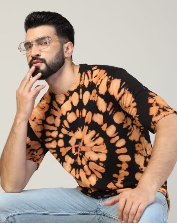 Black Beige Off Shoulder Spiral Pattern T- Shirt for Men By Dei Lusso - Image 8