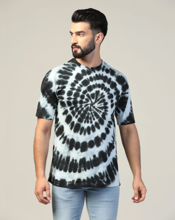 White Black Off Shoulder Spiral Pattern T- Shirt for Men By Dei Lusso - Image 3