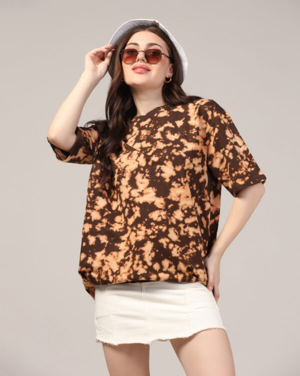 Brown Abstract Off Shoulder Scrunch T- Shirt for Women By Dei Lusso - Image 10